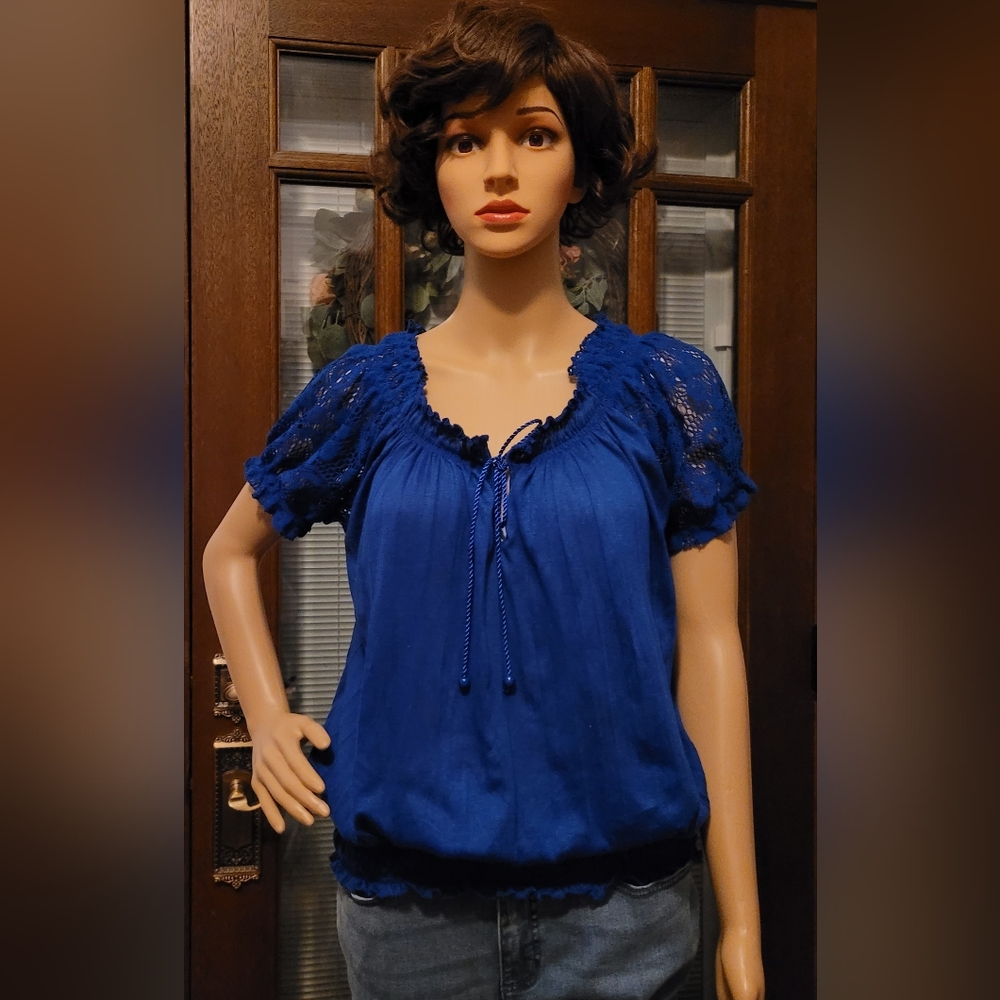New Directions Short Sleeve Lace and Smocked Waist Blouse
